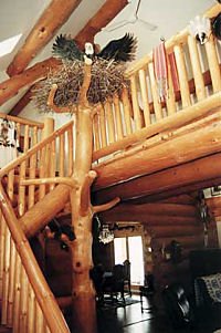 elaborate angled log staircase